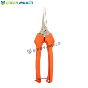 Fruit snips made in Taiwan with orange handle, a professional garden scissors with stainless steel blades.