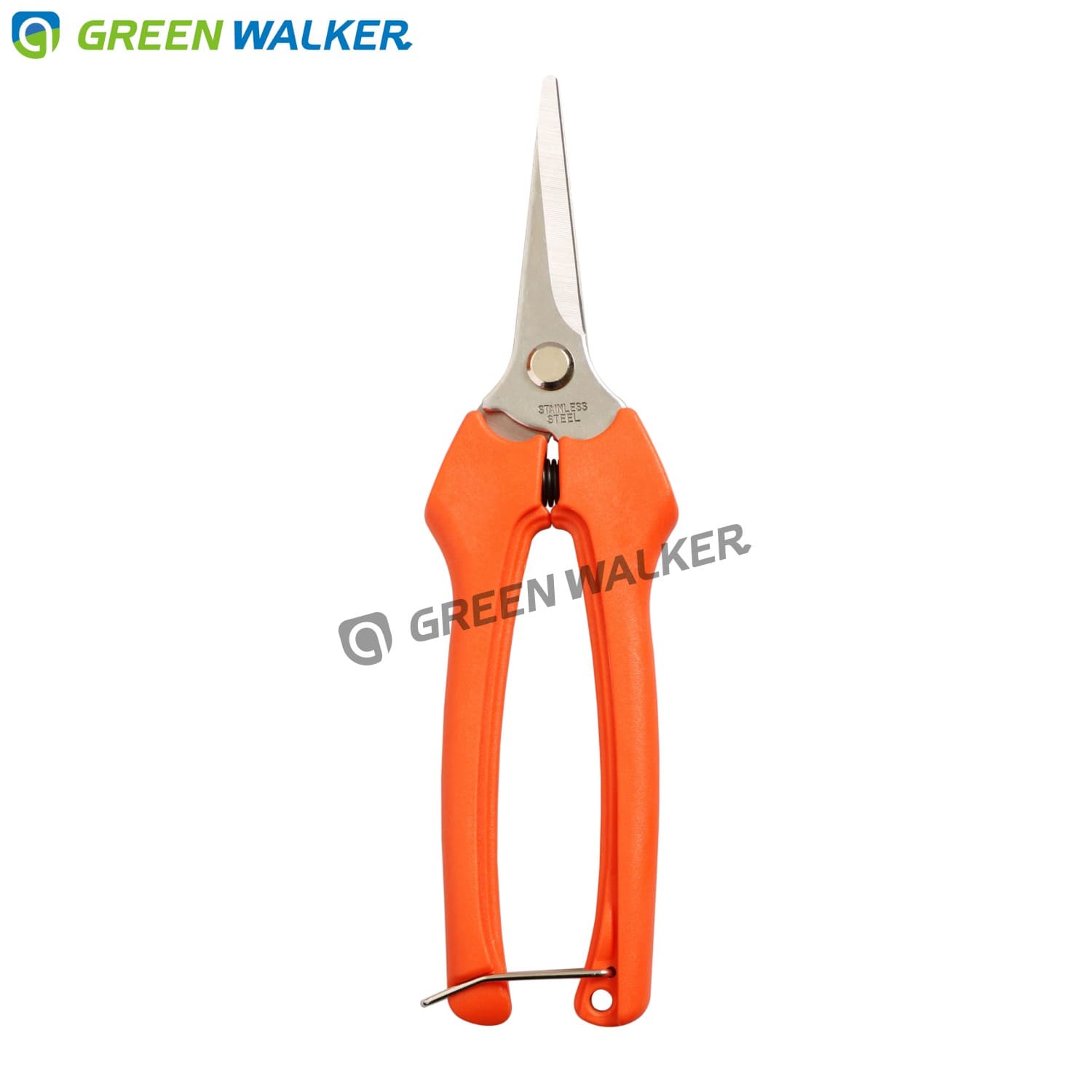 Fruit snips made in Taiwan with orange handle, a professional garden scissors with stainless steel blades.